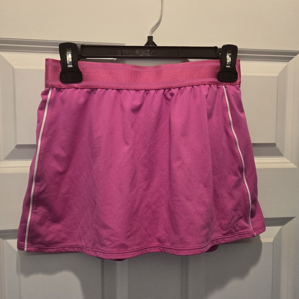 Nike Athletic Mini Skort S Pink White Stripe Waistband Swoosh Built in Shorts